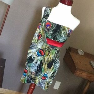 Peacock Print One Shoulder Dress